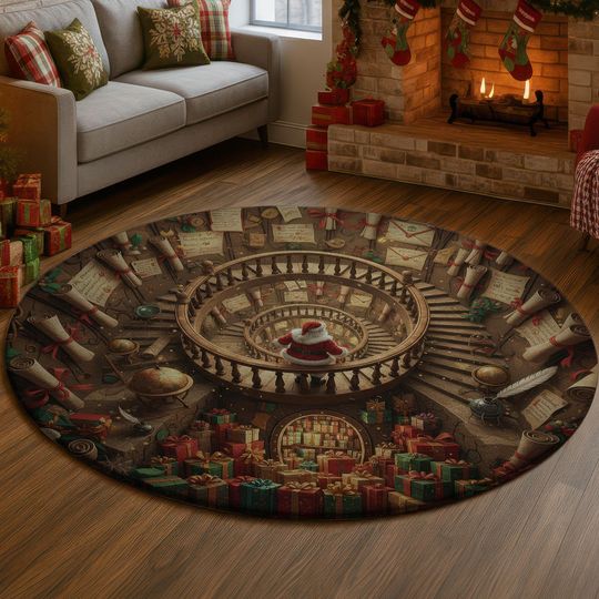 Discover 3D Santa Letter Room Rug, Spiral Staircase Carpet, Christmas Wish List Illusion Floor Mat, Cozy Red Green Holiday Home Decor Gift