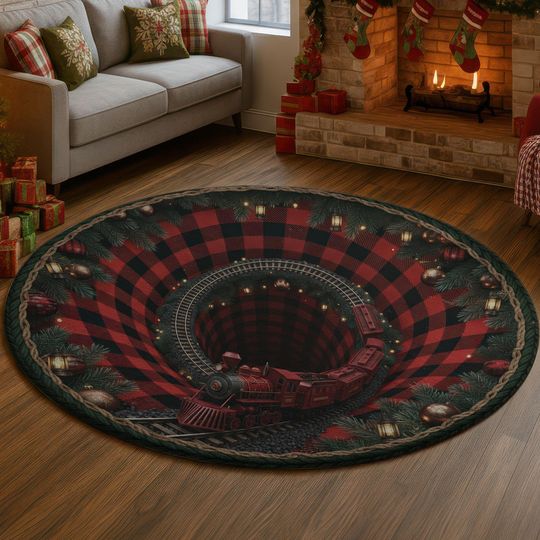 3D Holiday Train Rug, Red Black Plaid Illusion Carpet, Winter Pine Wreath Floor Mat, Glowing Lantern Festive Home Decor, Christmas Gift