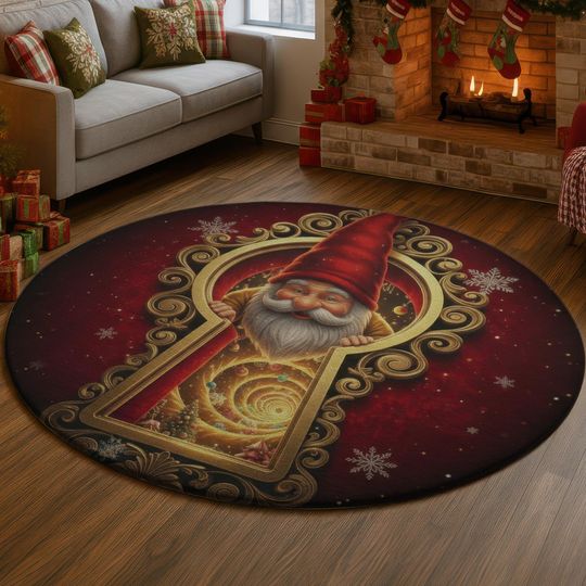 3D Illusion Gnome Keyhole Rug, Red Golden Swirl Carpet, Smiling Santa Decor, Cozy Holiday Floor Mat, Magical Xmas Home Gift