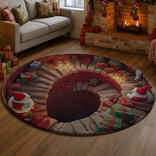 3D Illusion Santa Well Rug, Christmas Gift Pile Carpet, Holiday Staircase Decor, Red Brick Floor Mat, Festive Xmas Home Gift