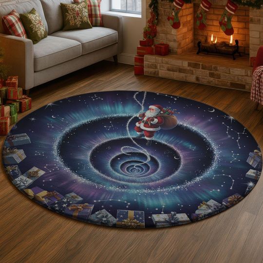 Discover 3D Santa Space Travel Rug, Northern Lights Aurora Carpet, Constellation Spiral Illusion Mat, Magical Galaxy Xmas Home Decor Gift