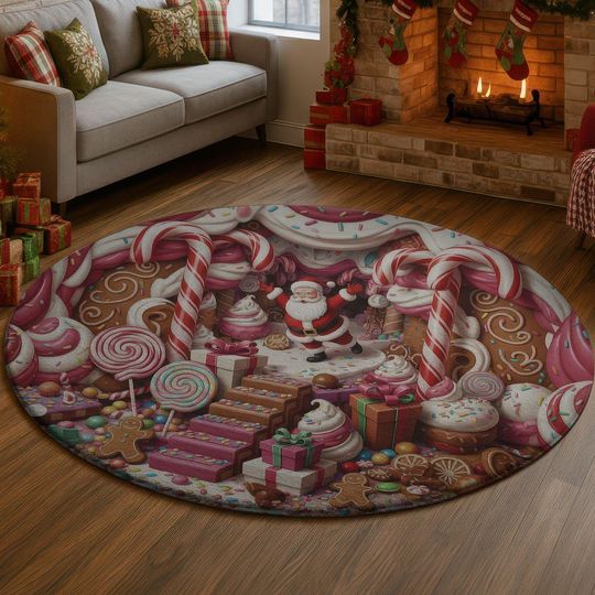 3D Gingerbread House Rug, Pink Candy Cane Spiral Carpet, Santa Sweet Shop Illusion Floor Mat, Festive Holiday Xmas Home Decor Gift