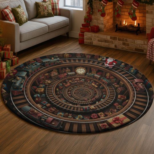 Discover 3D Christmas Train Rug, Santa's Magical Toy Railroad Carpet, Spiral Gifts Illusion Floor Mat, Festive Red Green Xmas Home Decor Gift