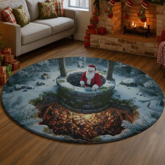 Discover 3D Snowy Winter Well Rug, Santa's Hidden Gift Cave Carpet, Deep Hole Illusion Floor Mat, Cozy Red Green Christmas Home Decor Gift