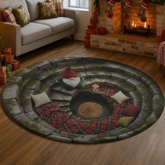 Discover 3D Gnome Well Rug, Stone Staircase Illusion Carpet, Cozy Tartan Plaid Floor Mat, Rustic Moss Green Holiday Home Decor Gift