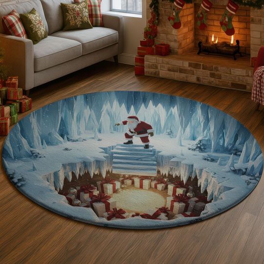 Discover 3D Ice Cave Santa Rug, Blue Winter Glacier Entrance Carpet, Christmas Gift Drop Illusion Mat, Snowy Holiday Floor Decor Gift Idea
