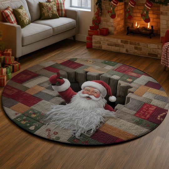 Santa Quilt 3D Illusion Rug, Funny Christmas Hole Carpet, Cozy Holiday Decor Mat, Festive Winter Home Rug, Santa Xmas Gift Idea