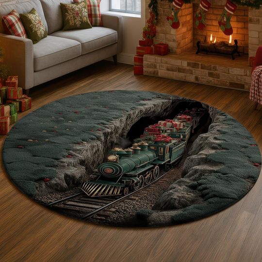 Christmas Gift Train 3D Illusion Rug, Holiday Railway Tunnel Carpet, Festive Green Locomotive Decor Mat, Cozy Winter Home Rug