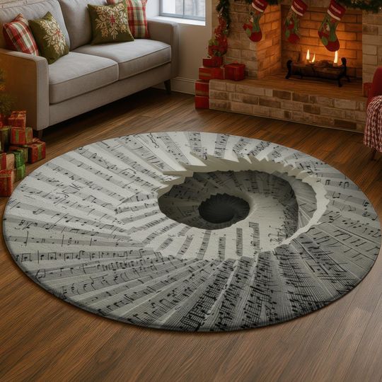 Discover Music Sheet 3D Illusion Rug, Spiral Tunnel Carpet with Notes, Unique Artistic Black and White Decor Mat, Modern Gift Idea