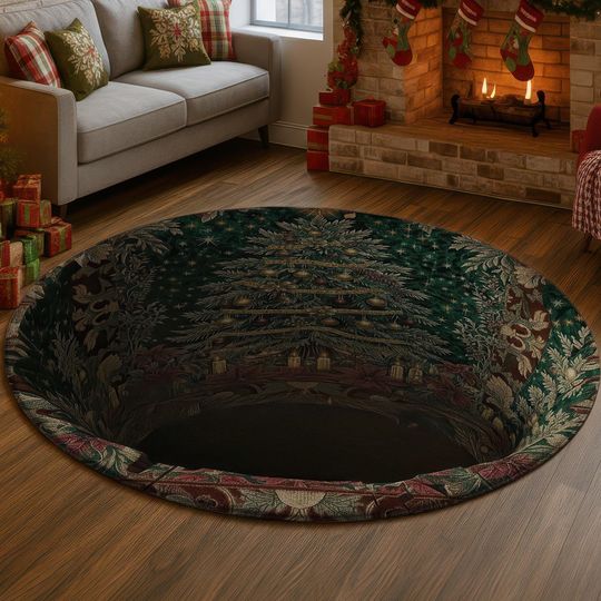 Discover Christmas Tree 3D Illusion Rug, Festive Holiday Tunnel Carpet with Lights and Candles, Cozy Winter Home Decor Mat, Xmas Gift