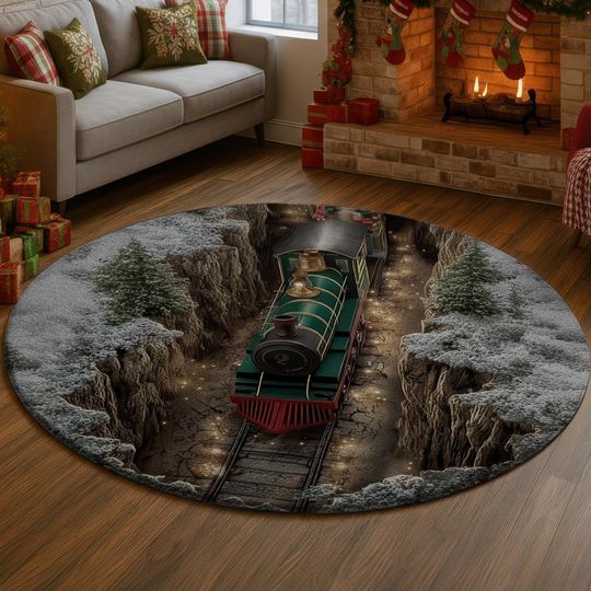 Discover Christmas Train Tunnel 3D Illusion Rug, Festive Locomotive Carpet, Snowy Holiday Railway Decor Mat, Cozy Winter Home Gift
