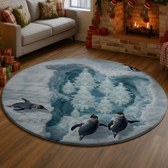 Discover Penguin Ice Cave 3D Illusion Rug, Snowy Winter Wonderland Carpet, Blue White Festive Round Mat, Holiday Home Decor Gift Idea