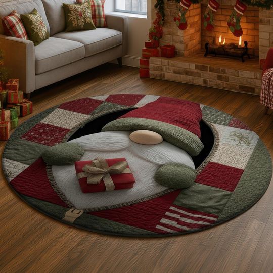 Discover Christmas Gnome Quilt 3D Illusion Rug, Red Green Patchwork Carpet, Cozy Holiday Decor Mat, Festive Home Gift Idea