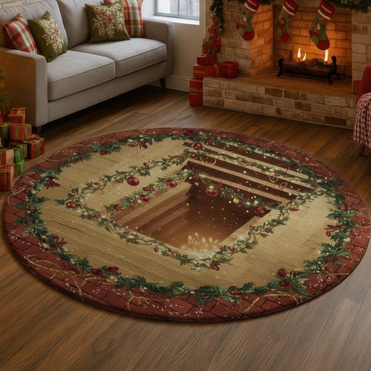 Discover Christmas Fireplace 3D Illusion Rug, Cozy Holiday Tunnel Carpet with Garland and Ornaments, Festive Winter Home Decor Mat, Xmas Gift