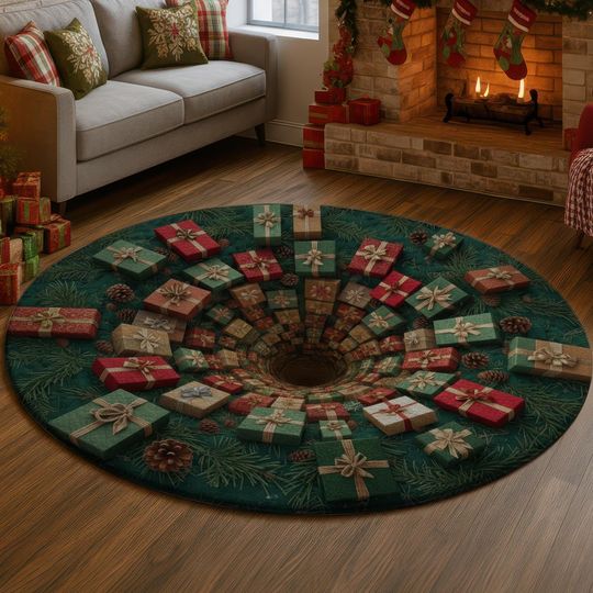 Pine Gift Tunnel 3D Illusion Rug, Green Red Gold Christmas Carpet, Holiday Presents Depth Mat, Festive Winter Home Decor