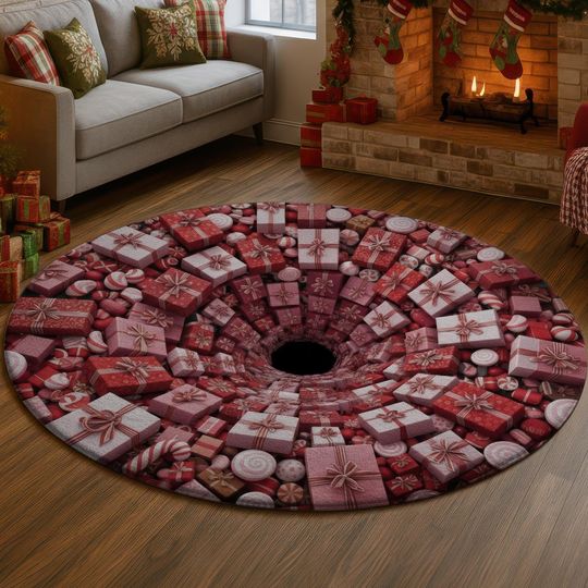 Discover Candy Gift Tunnel 3D Illusion Rug, Red Pink Sweet Holiday Carpet, Festive Christmas Decor Mat, Cozy Home Gift Idea