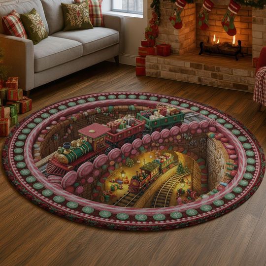 Discover Candy Tunnel Train 3D Illusion Rug, Sweet Holiday Round Carpet, Red Green Festive Mat, Christmas Floor Decor Gift for Home