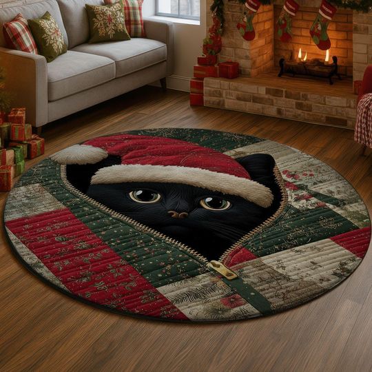 Black Cat Christmas 3D Illusion Rug, Cozy Quilt Style Round Carpet, Santa Hat Cat Rug, Festive Holiday Decor Mat, Unique Xmas Gift Idea