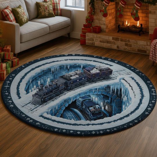 Snow Tunnel Train 3D Illusion Rug, Icy Blue Winter Christmas Carpet, Festive Round Decor Mat, Cozy Holiday Home Gift Idea