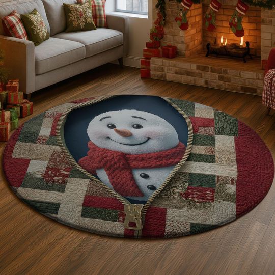 Snowman Quilt 3D Illusion Rug, Red Green Cozy Christmas Carpet, Cute Winter Holiday Decor Mat, Festive Home Gift Idea
