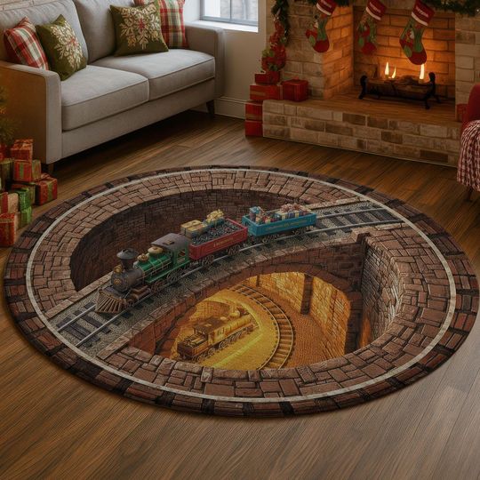 Discover Brick Tunnel Train 3D Illusion Rug, Warm Golden Glow Round Carpet, Vintage Railway Christmas Decor Mat, Holiday Home Gift Idea