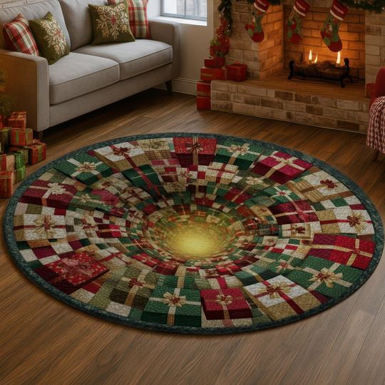 Christmas Gift Tunnel 3D Illusion Rug, Festive Red Green Gold Round Carpet, Optical Depth Xmas Decor Mat, Holiday Home Gift Idea