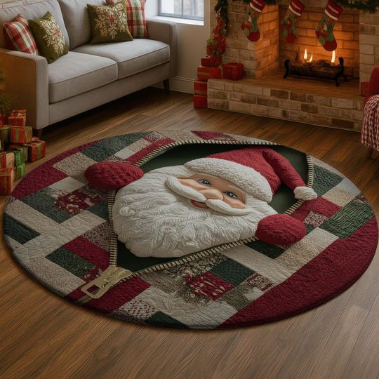 Discover Santa Quilt 3D Illusion Rug, Cozy Christmas Patchwork Round Carpet, Red Green Holiday Decor Mat, Festive Home Gift Idea