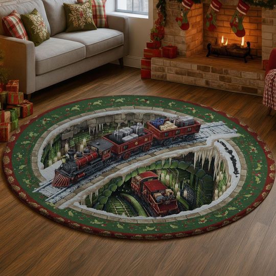 Green Red Train Christmas 3D Illusion Rug, Holly Tunnel Festive Carpet, Winter Holiday Round Mat, Cozy Xmas Decor Gift Idea