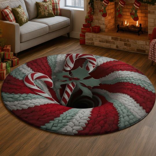 Candy Cane 3D Illusion Rug, Red Green Christmas Hole Carpet, Festive Holiday Decor Mat, Cozy Winter Home Rug, Sweet Xmas Gift Idea