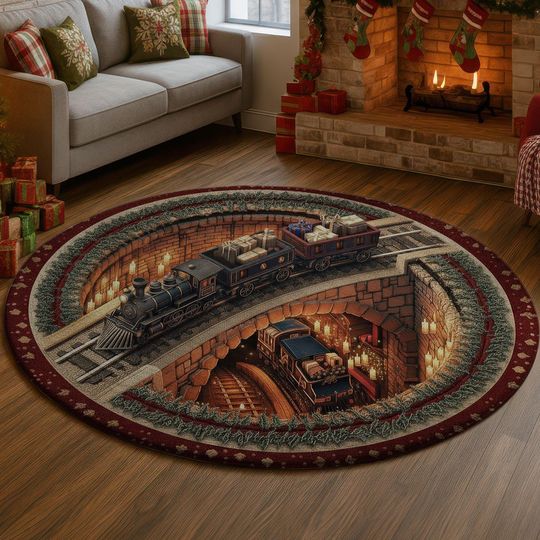 Discover Vintage Train Christmas 3D Illusion Rug, Candle Glow Tunnel Carpet, Festive Holiday Round Mat, Cozy Winter Decor Gift Idea