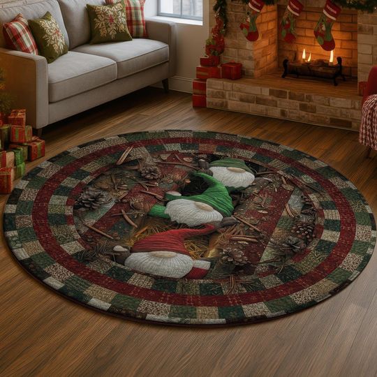Gnome Forest 3D Illusion Rug, Rustic Christmas Hole Carpet, Cozy Holiday Decor Mat, Festive Winter Home Rug, Cute Xmas Gift Idea
