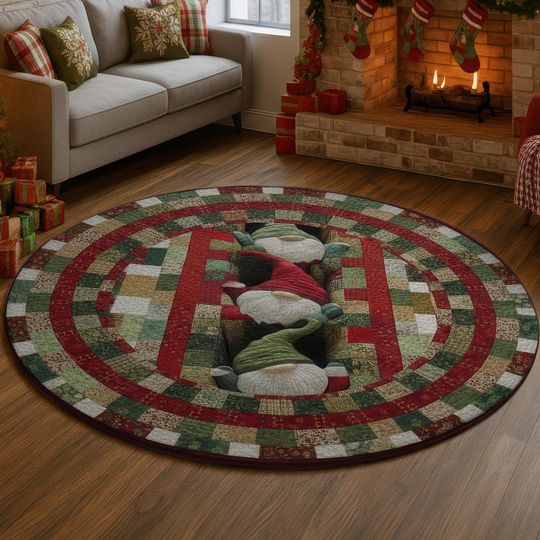 Christmas Gnome 3D Illusion Rug, Red Green Quilt Hole Carpet, Cozy Holiday Decor Mat, Festive Winter Home Rug, Cute Xmas Gift Idea