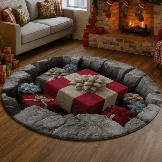 Discover Gift Box 3D Illusion Rug, Red Gold Christmas Carpet, Holiday Present Hole Mat, Festive Home Decor Rug, Cozy Winter Xmas Gift Idea