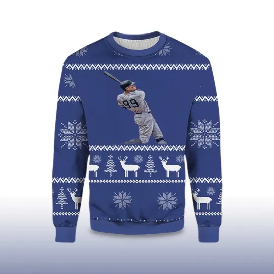 Discover 2025 Aaron Judge 99 Yankees Ugly Christmas Sweater