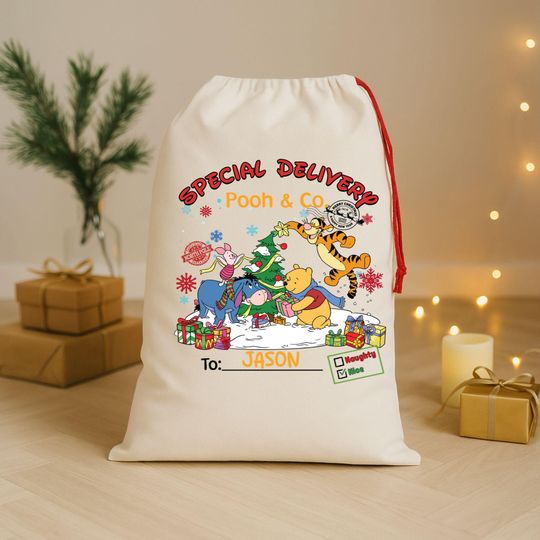 Discover Personalized Pooh Christmas Bag- Custom Santa Bag for Kids - Winnie & Friends Gift Sack - Christmas Santa Bag - Custom Cartoon Santa Sack