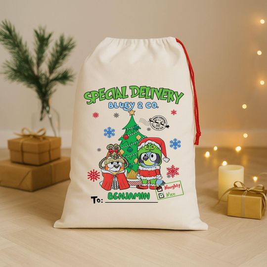 Christmas Santa Bag - Personalized BlueyDad Christmas Sack - Custom Santa Bag for Kids - Holiday Gift Bag with Name-Christmas funny character Santa Sack