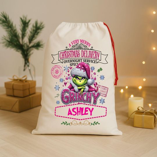 Pink funny character Santa Bag - Glam Grin Christmas Sack -Personalized Christmas Gifts Bag - Custom Large Santa Sack - Santa Sack Sack with Name