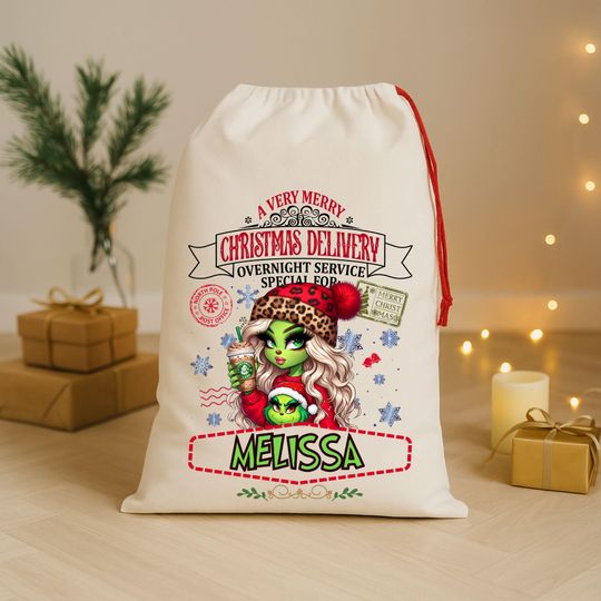 Discover funny character Girl Christmas Santa Bag -Funny Santa Sack for Her -Personalized Grin Bag-Holiday Delivery Sack -Xmas Gift Bag -Large Santa Sack