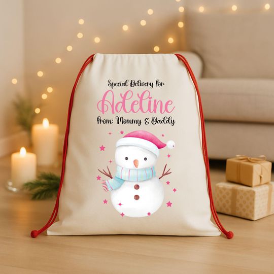 Personalized Kids Christmas Santa Bag - Custom Name Santa Sack - Cute Snowman Present Gift Bag from Mommy and Daddy - Holiday Gift Sack 2025