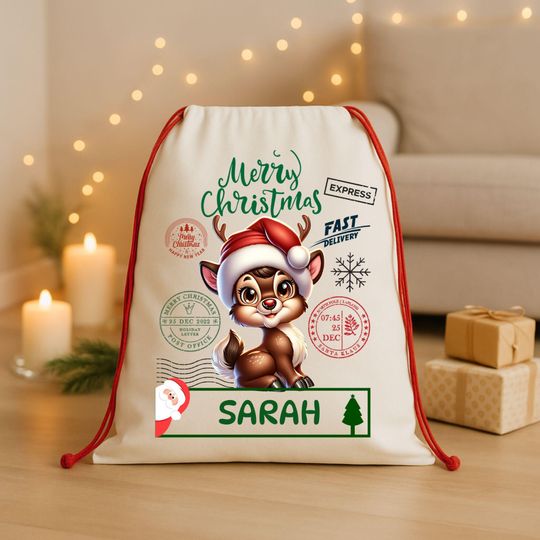 Discover Personalized Reindeer Santa Bag for Kids  Custom Christmas Gift Bag with Name -Cute Holiday Reindeer Present Sack- Santa Delivery Sack2025