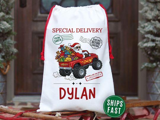 Discover Monster Truck Santa Christmas Sack, Personalized Christmas Gift Bag for Kids who loves Trucks, Custom Name Gift Bag for Presents, Toy Bag