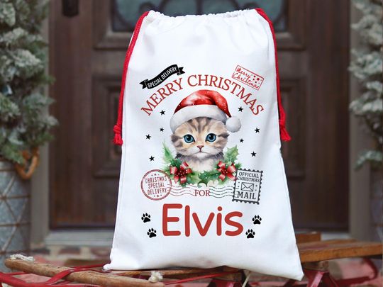 Cat Christmas Gift Bag, Personalized Cat Paw Christmas Gift Sack, Gifts for Cats Custom Name Gift Bag, Santa Bag for Cat Presents