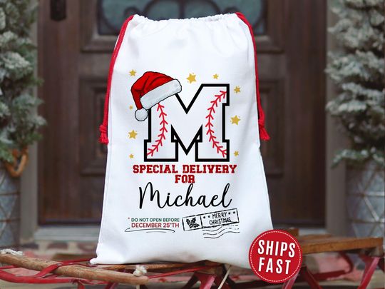 Discover Baseball Santa Bag, Personalized Christmas Gift Bag for Kids, Custom Name Gift Bag for Boys Christmas Gift Sack, Xmas Presents Sack