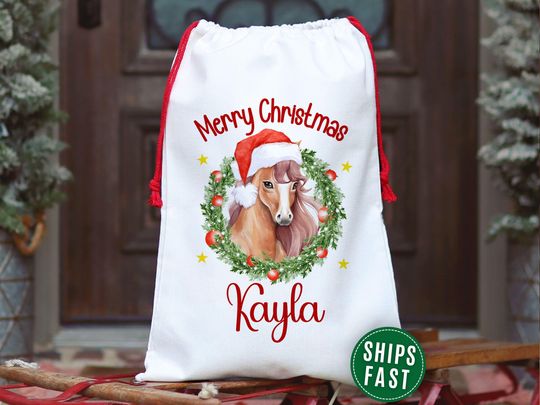 Discover Horse Christmas Gift Bag Personalized Santa Christmas Sack for Horse Lover, Merry Christmas Custom Name Gift Bags for Presents