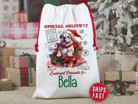 Discover Bulldog Santa Christmas Sack Personalized Dog Present Sack Gift for Dog Christmas Gift Bag Custom Name Gift Bag Special Delivery for Bulldog