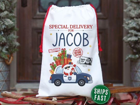 Police Car Christmas Gift Bag, Personalized Policeman Christmas Gift Sack, Custom Name Gift Bags for Presents, Santa Bag for Police Fan