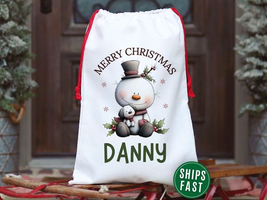 Snowman and Dog Merry Christmas Gift Bag, Personalized Snowman Christmas Gift Sack for Kids, Custom Name Gift Bag for Presents Santa Bag