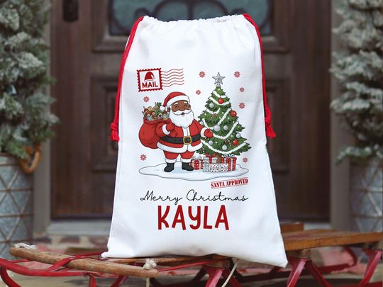 Discover Santa Gift Bag Personalized Black Santa Christmas Gift Bag, Custom Name Gift Bags from Santa, Merry Christmas Gift Sack Presents Bag for Kid
