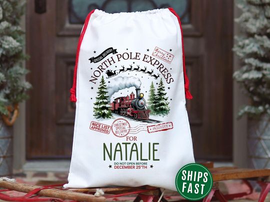 North Pole Express Delivery Sack, Personalized Train Christmas Gift Bag, Custom Name Gift Bags, North Pole Santa Christmas Sack Presents Bag