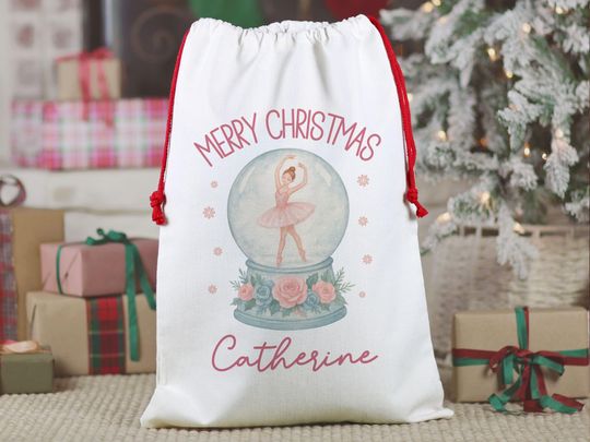 Custom Ballet Christmas Gift Bag, Personalized Ballerina Girl's Pink Christmas Gift Bag for Girls, Custom Name Santa Gift Bag for Presents